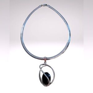 Sterling Silver large modern onyx pendant and necklace